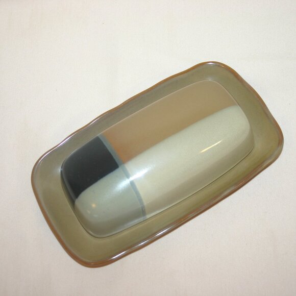 SANGO China Gold Dust Black Stoneware Covered Butter Dish B-196 - Picture 2 of 7